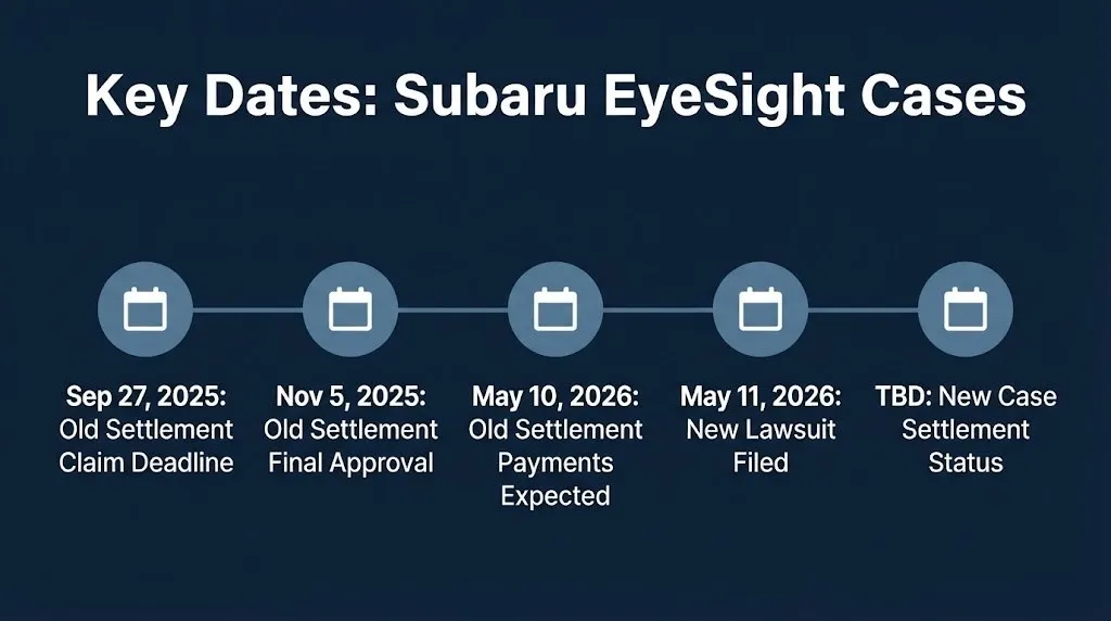 Timeline showing Subaru EyeSight settlement key dates and the new 2026 class action lawsuit filing.