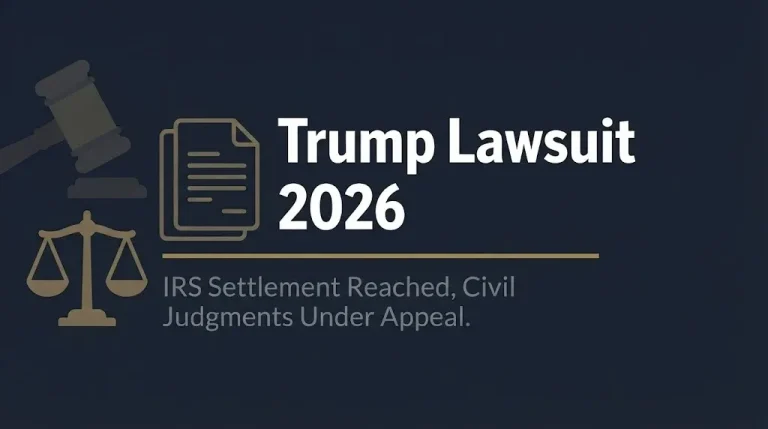 Trump Lawsuit 2026 banner with headline and subheading about IRS settlement reached and civil judgments under appeal.