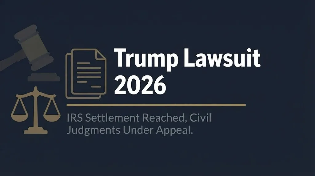 Trump Lawsuit 2026 banner with headline and subheading about IRS settlement reached and civil judgments under appeal.