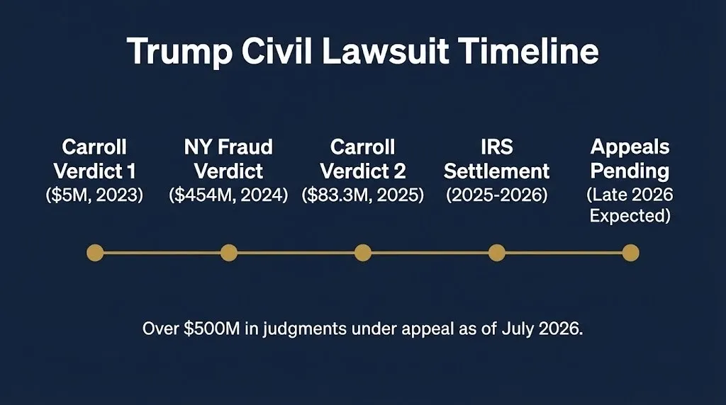 Trump civil lawsuit timeline showing five key events from Carroll verdict through appeals pending in 2026.