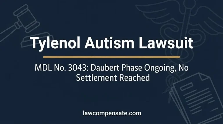 Tylenol autism lawsuit MDL 3043 status banner showing no settlement reached and Daubert phase ongoing as of July 2026.