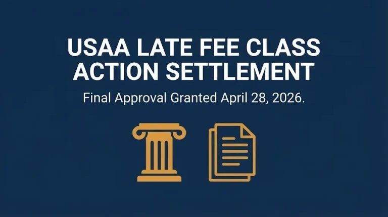 USAA late fee class action settlement banner showing final court approval granted April 28, 2026.