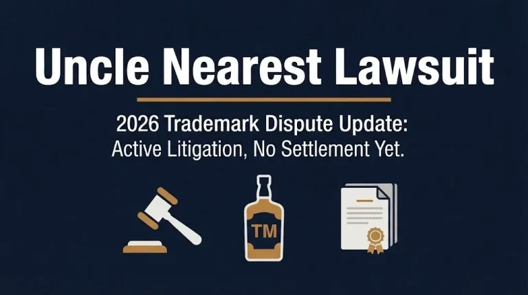 Uncle Nearest lawsuit 2026 hero banner with gavel, whiskey trademark, and document icons.
