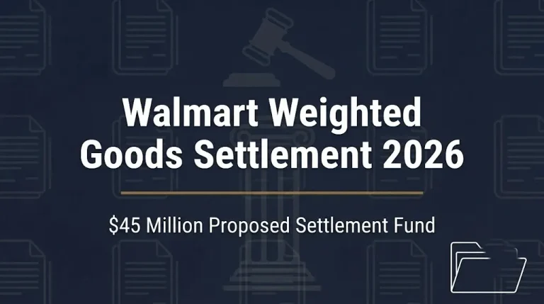 Walmart Weighted Goods Settlement 2026 hero banner with $45 million fund figure and gavel silhouette on navy background.