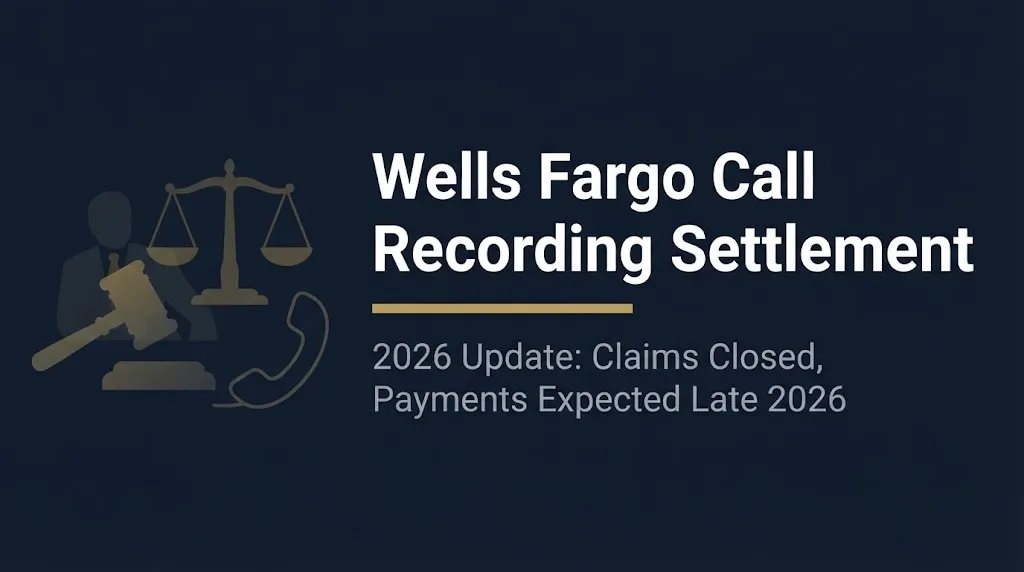 Wells Fargo Call Recording Settlement 2026 banner with headline and payments expected late 2026.