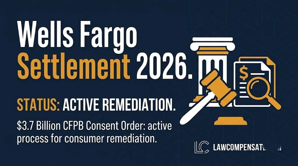Wells Fargo settlement 2026 hero banner showing $3.7 billion CFPB consent order status and legal symbols.