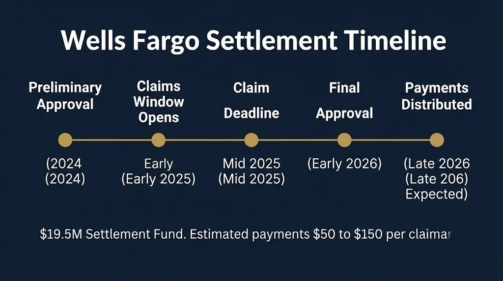 Wells Fargo settlement timeline showing five stages from preliminary approval through expected payment distribution.