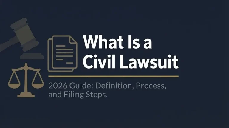What is a civil lawsuit 2026 guide banner with definition process and filing steps subheading in legal editorial style.