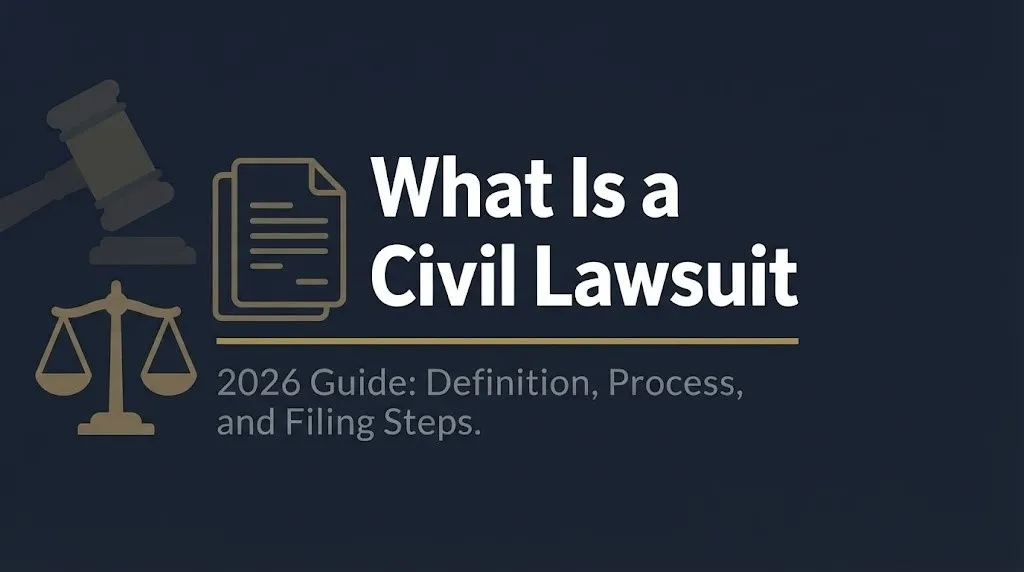 What is a civil lawsuit 2026 guide banner with definition process and filing steps subheading in legal editorial style.