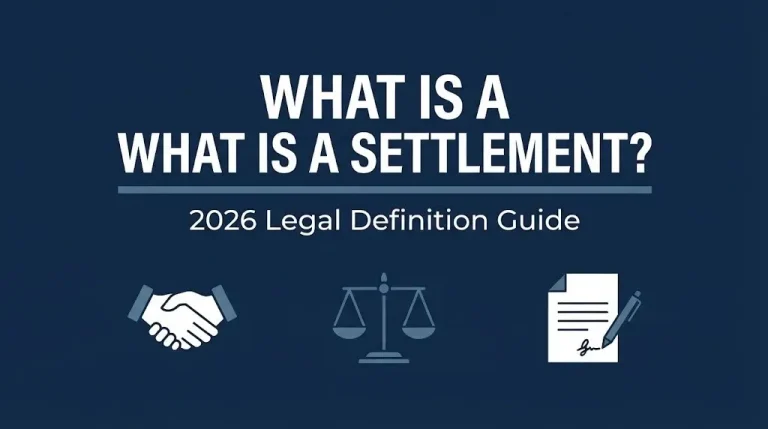 What is a settlement banner showing the 2026 legal definition guide with scales of justice icon.