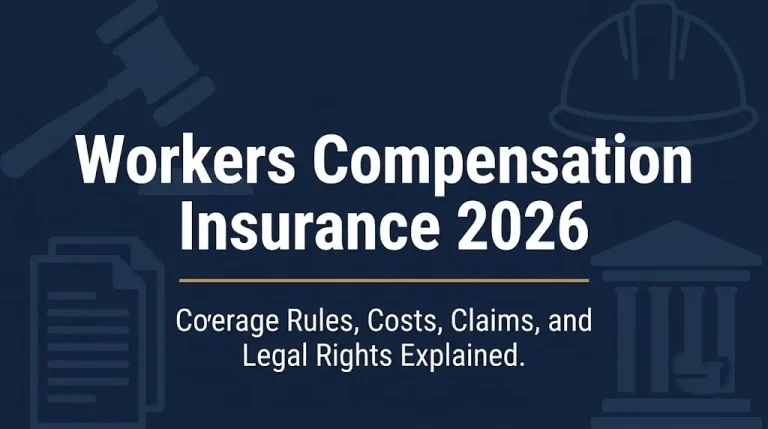 Workers Compensation Insurance Policy 2026 hero banner with gavel and hard hat imagery on navy background.