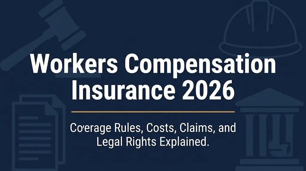 Workers Compensation Insurance Policy 2026 hero banner with gavel and hard hat imagery on navy background.