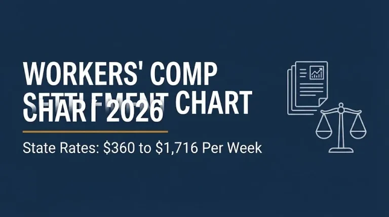 Workers' comp settlement chart 2026 hero banner showing state weekly rates from $360 to $1,716.
