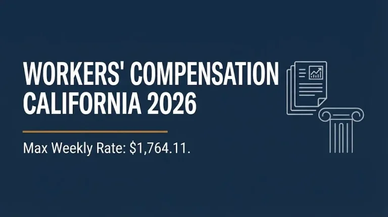 Workers compensation California 2026 hero banner showing the new $1,764.11 maximum weekly rate.