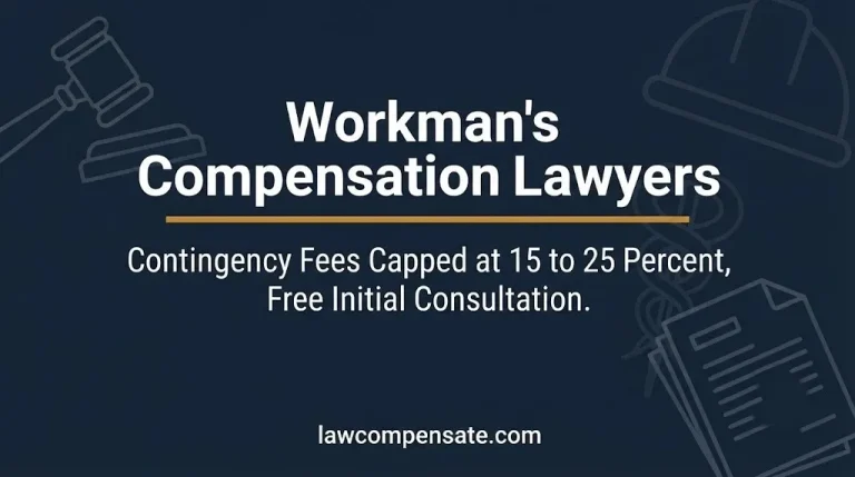 Workers compensation lawyers guide banner showing contingency fee ranges and free consultation availability in 2026.