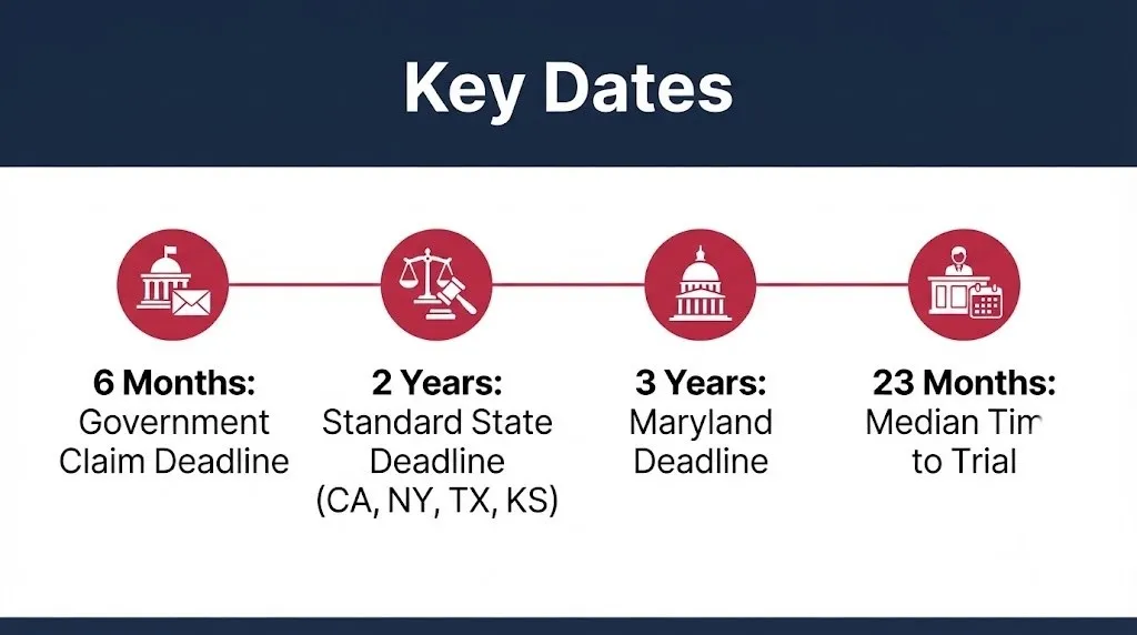 Wrongful death lawsuit timeline graphic showing filing deadlines from six months to three years by state.
