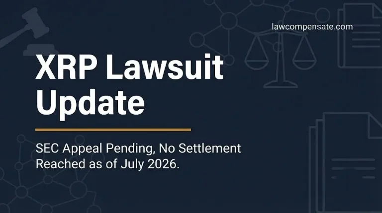 XRP lawsuit update banner showing SEC appeal status pending as of July 2026 in the Ripple securities case.