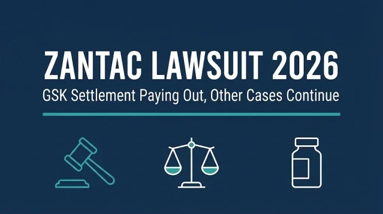 Zantac lawsuit 2026 banner showing GSK settlement paying out while other manufacturer cases continue.