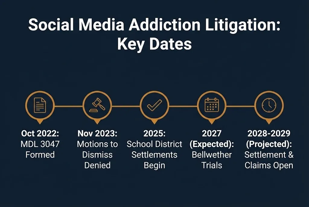 key milestones in the social media addiction litigation from 2022 MDL formation through projected 2029 claims opening.