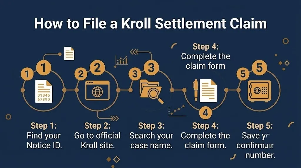 textFive-step visual guide showing how to file a claim through Kroll Settlement Administration in 2026.