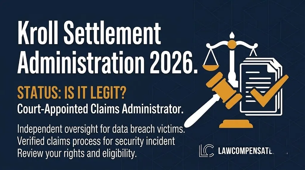 textKroll Settlement Administration 2026 hero banner with legal symbols confirming it is a legitimate court-appointed administrator.