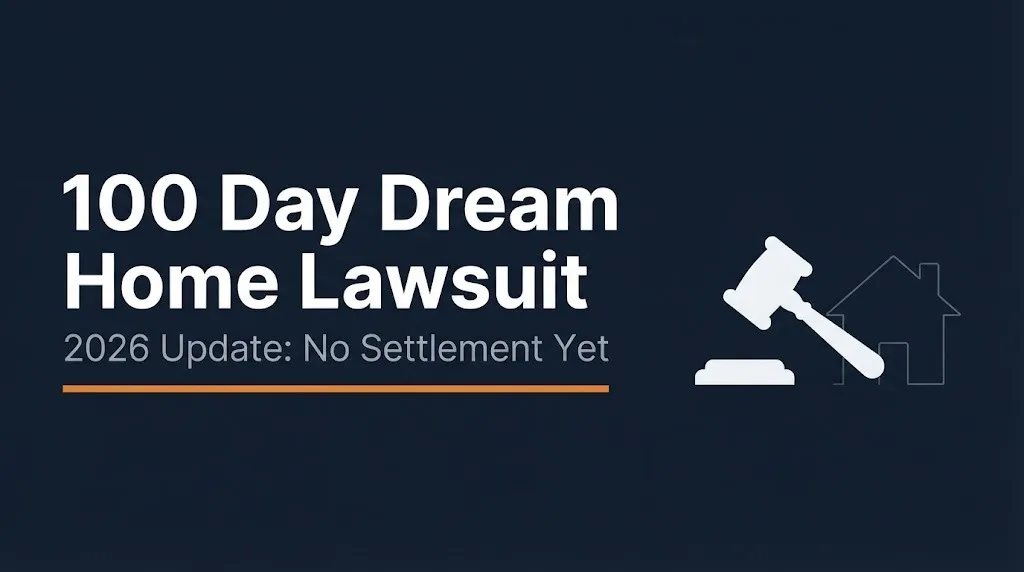 100 Day Dream Home lawsuit 2026 banner showing no settlement yet