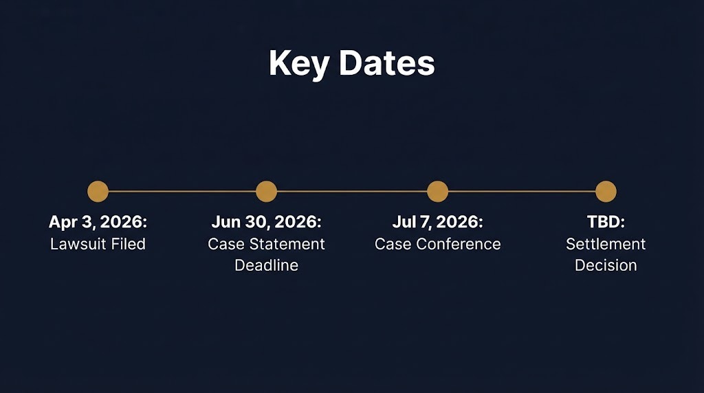 Timeline of Chime settlement 2026 case dates from the April 2026 filing through the pending case conference.