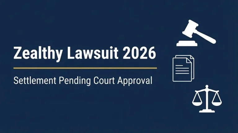 Zealthy lawsuit 2026 hero banner showing settlement pending court approval status with legal symbols.