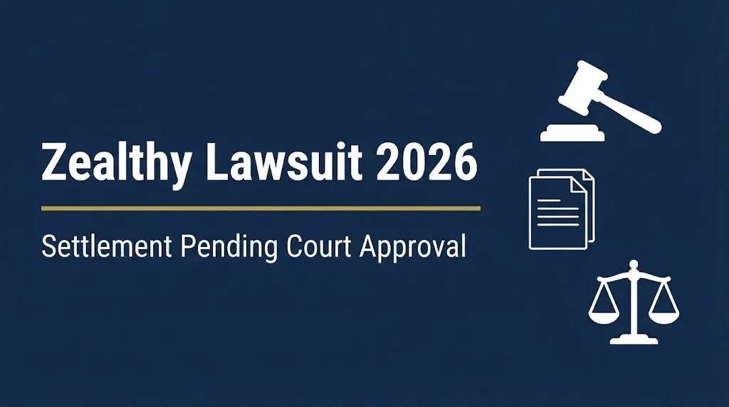 Zealthy lawsuit 2026 hero banner showing settlement pending court approval status with legal symbols.