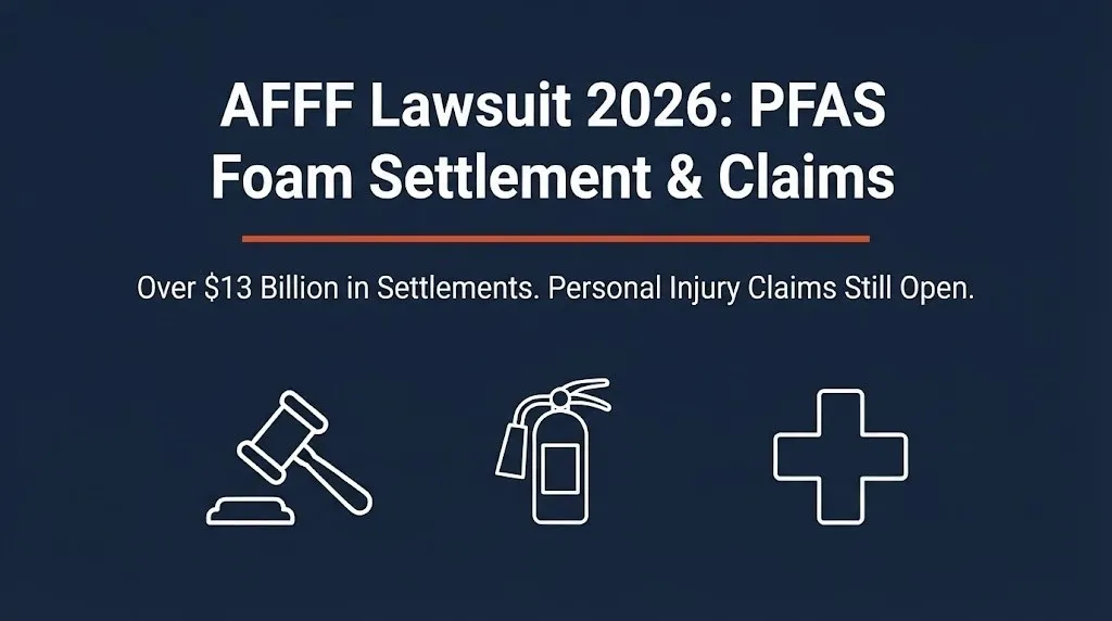AFFF firefighting foam lawsuit 2026 banner with PFAS settlement information and open claims.