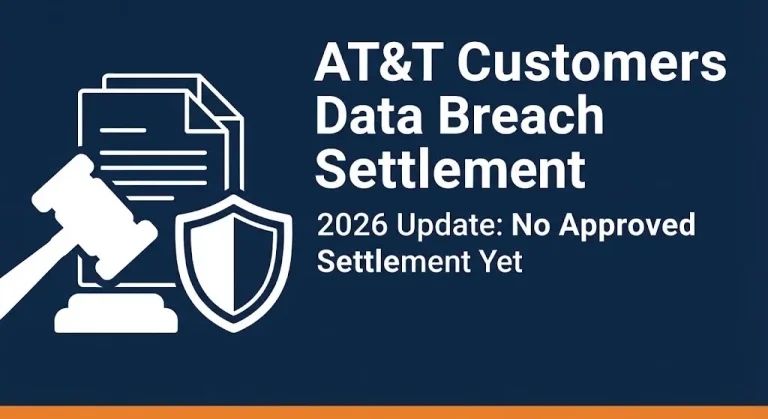 AT&T customers data breach settlement 2026 status showing no approved settlement yet with gavel and document illustration.