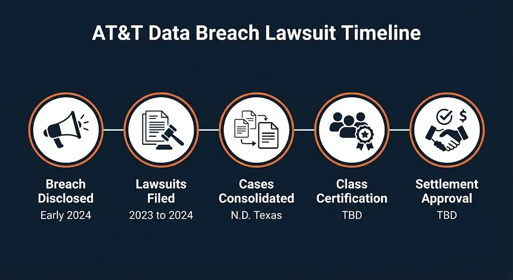 AT&T data breach lawsuit timeline graphic showing five stages from breach disclosure to potential settlement approval.