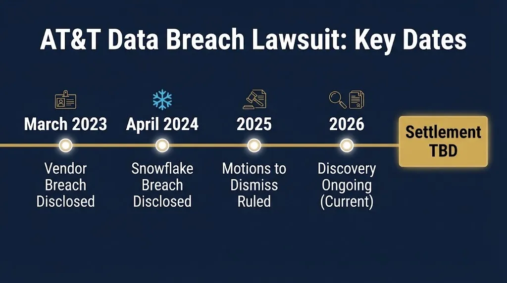 AT&T data breach lawsuit timeline showing key dates from 2023 disclosure through settlement TBD status in 2026.