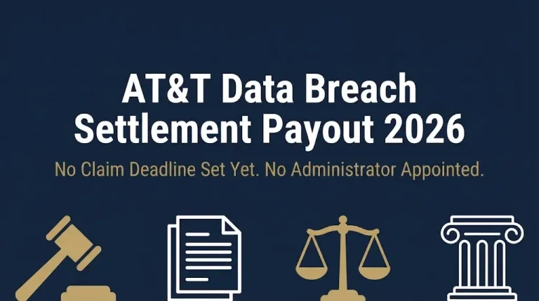 AT&T data breach settlement payout 2026 banner with gavel and documents, showing no claim deadline set yet.