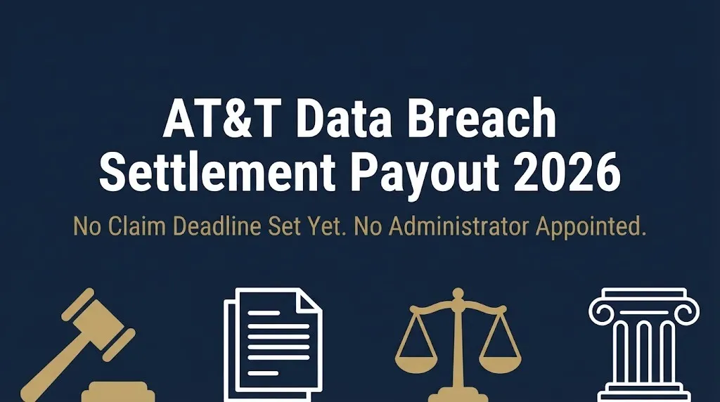 AT&T data breach settlement payout 2026 banner with gavel and documents, showing no claim deadline set yet.