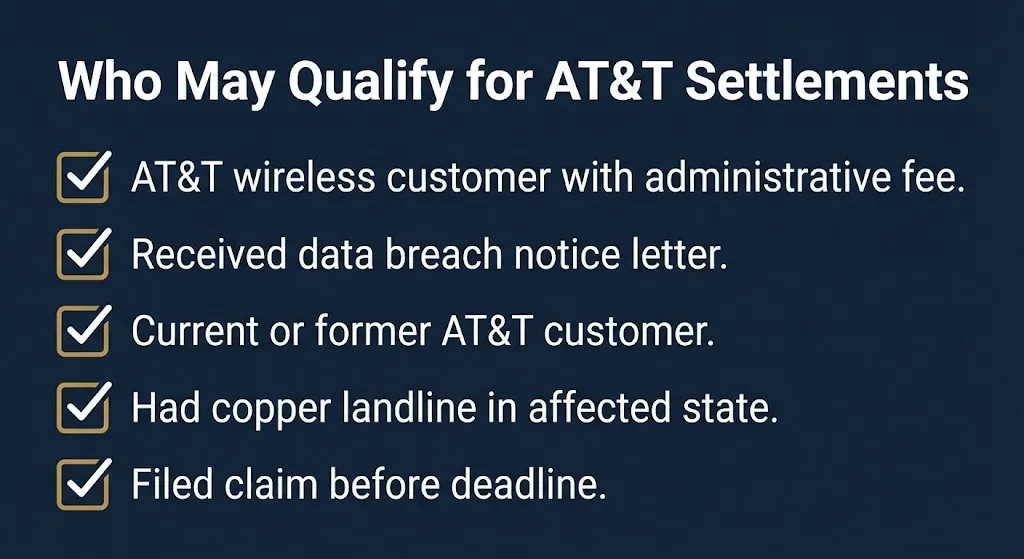 AT&T settlement eligibility checklist for wireless, data breach, and landline class members.