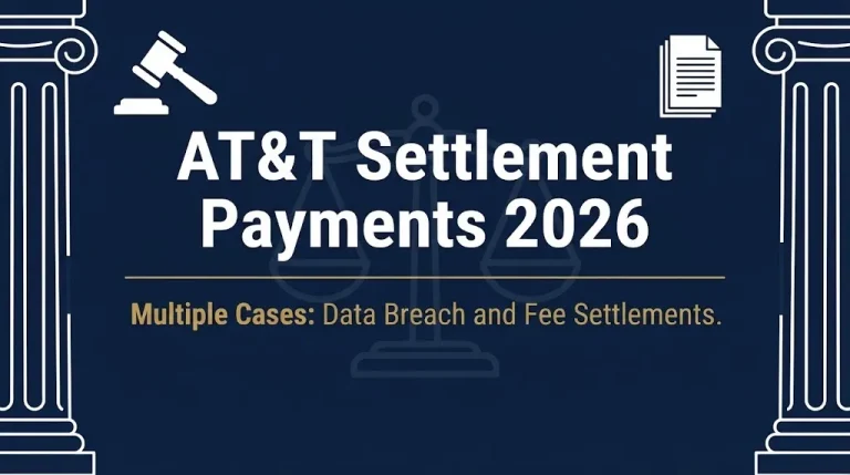 AT&T settlement payments 2026 banner with gavel, scales, and multiple case status.