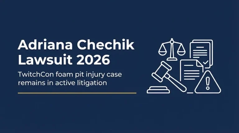 Adriana Chechik lawsuit 2026 banner with gavel, scales, and caution symbol on navy background.
