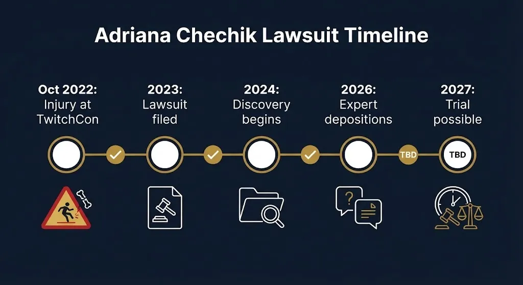 Adriana Chechik lawsuit timeline showing 2022 injury, 2023 filing, and possible 2027 trial.