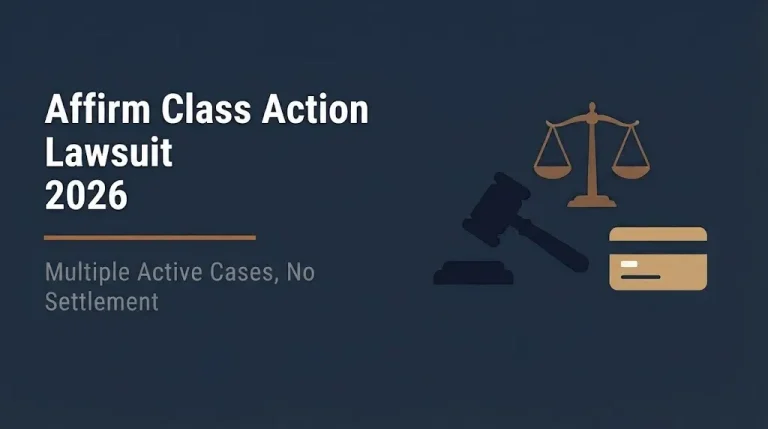 Affirm class action lawsuit 2026 banner showing multiple active cases with no settlement and legal icons.