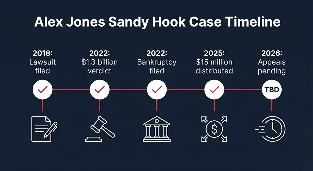 Alex Jones Sandy Hook lawsuit timeline showing 2018 filing, 2022 verdict, 2025 payments, and 2026 appeals.