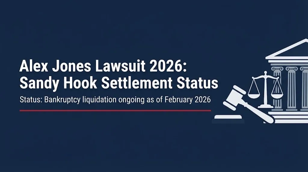 Alex Jones lawsuit 2026 Sandy Hook settlement status banner with gavel and scales on navy background.