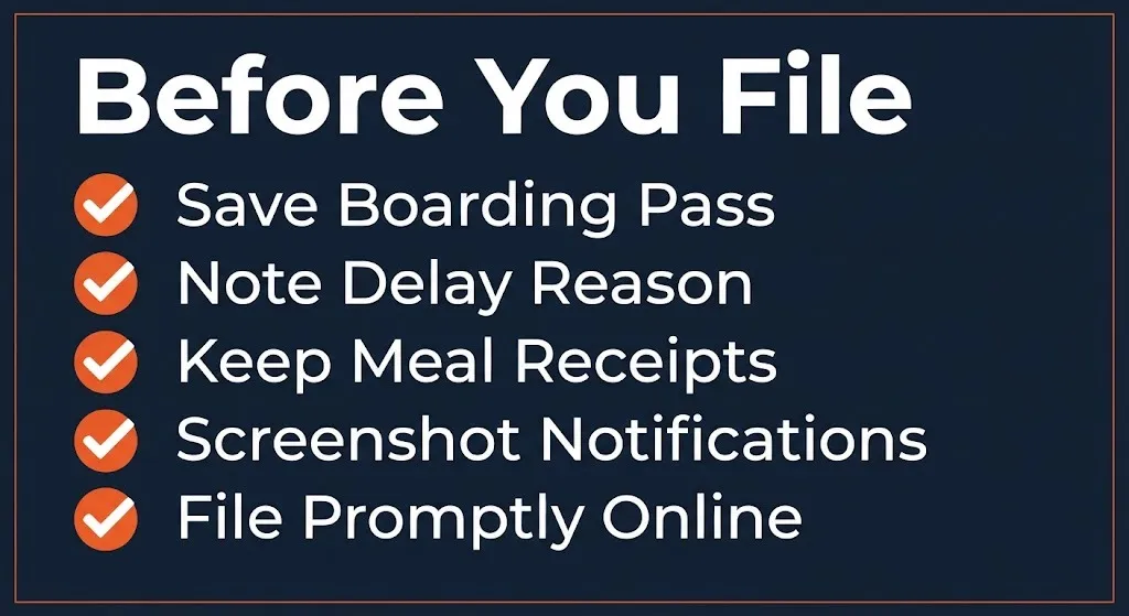 American Airlines delay claim checklist showing boarding pass, receipts, and filing steps to keep.