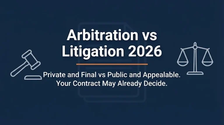 Arbitration vs litigation 2026 comparison banner showing private binding process versus public appealable court process.