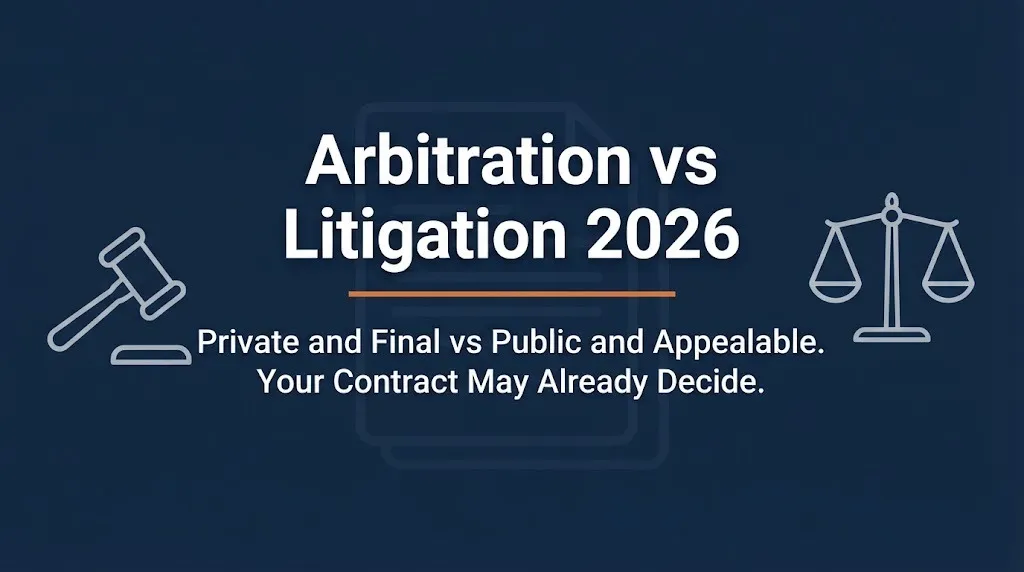 Arbitration vs litigation 2026 comparison banner showing private binding process versus public appealable court process.