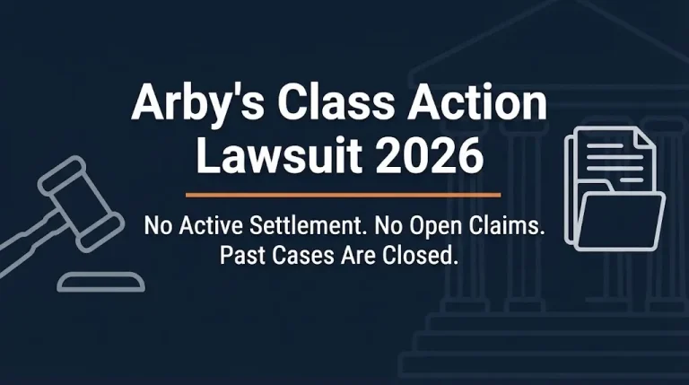 Arby's class action lawsuit 2026 banner showing no active settlement and no open claims with legal icons on navy background.