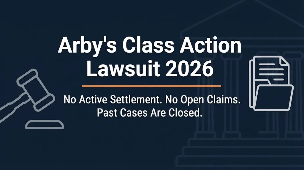 Arby's class action lawsuit 2026 banner showing no active settlement and no open claims with legal icons on navy background.