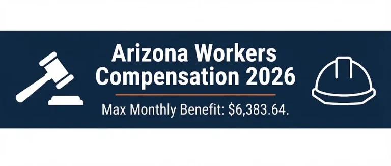 Arizona workers compensation 2026 banner showing maximum monthly benefit rate and legal workplace symbols.