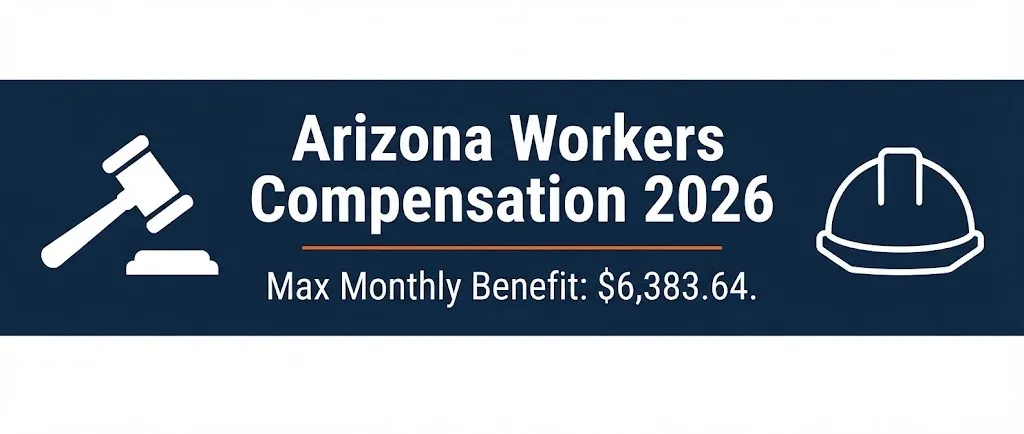 Arizona workers compensation 2026 banner showing maximum monthly benefit rate and legal workplace symbols.