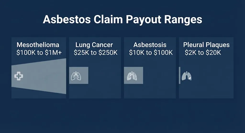 Asbestos lawsuit payout tiers graphic showing compensation ranges by diagnosis type on navy background.
